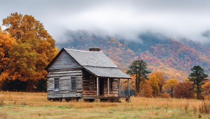 Rustic log cabin in autumnal landscape