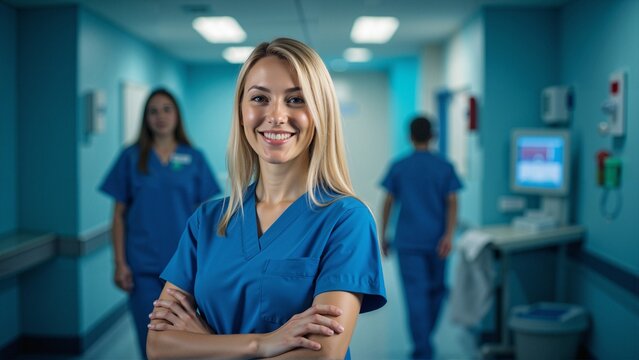 Confident female nurse smiling in hospital hallway healthcare team background medical professionals clinic staff uniform blue scrubs healthcare worker front line hospital interior friendly expression
