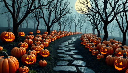 A foggy Halloween night scene featuring glowing pumpkins on a path, with full moon in the background.