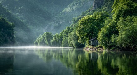 Misty river valley with a small cabin