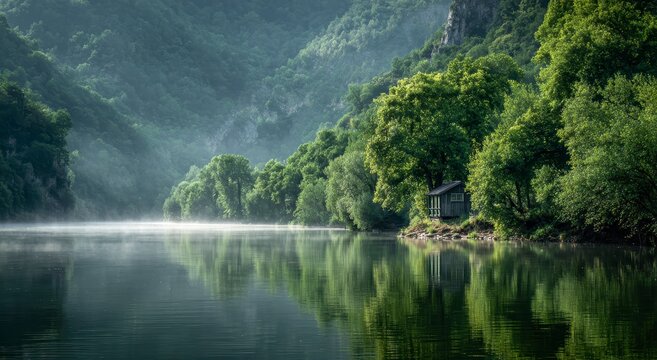 Misty river valley with a small cabin