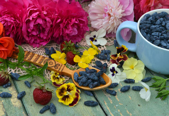 Garden still life with beautiful flowers of peony, pansy and honeysuckle berry on the table. Spring and summer botanical and farming background with gardening objects, vintage home and retro concept