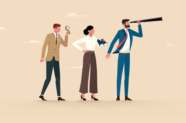 Group of business people led by a leader look forward in search of something. Vector business concept in cartoon style.
