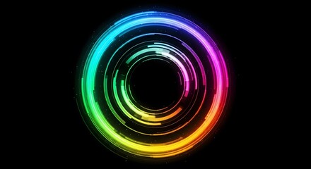A vibrant, multi-colored circular design glows brightly against a dark background, creating a visual effect.