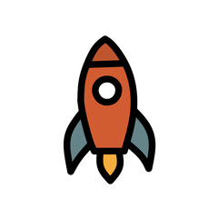 A red and orange rocket with blue fins and a circular window, appearing ready for launch.