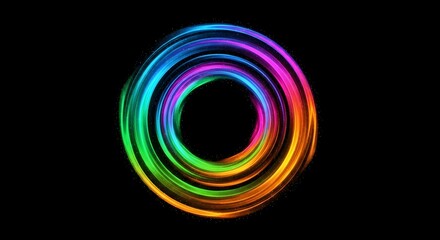 Vibrant swirling light trails forming a colorful circular abstract shape against black background.