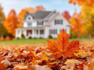 A vibrant orange maple leaf in focus, with a blurred white house and autumn trees, resting on a bed of fallen leaves in the foreground.