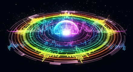 Colorful digital representation of sound waves emanating from a central glowing sphere.