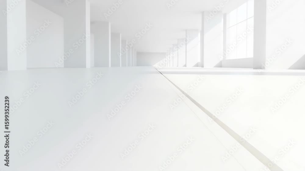 Poster minimalist interior perspective featuring bright white architecture with columns, bright light and b