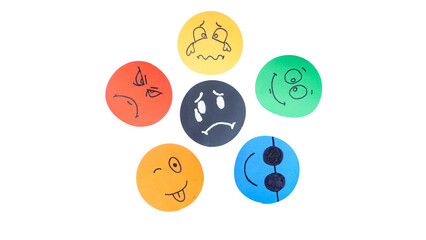 Simple hand drawn emojis made from colored paper with silly, happy, and sad faces expression...
