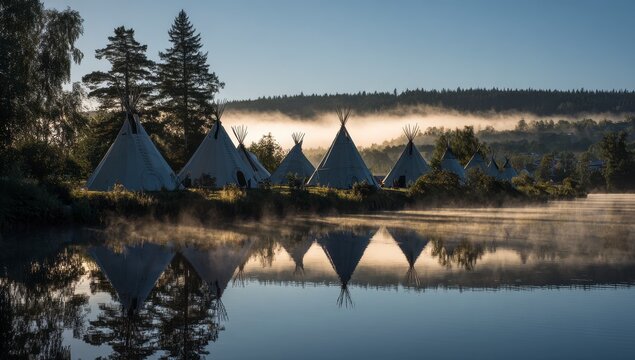 Misty morning, tipis by a lake