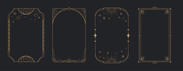 A set of four elegant art deco golden frames with celestial and floral and esoteric motifs with moon, sun, in thin line style, displayed on a dark background. Vector illustration
