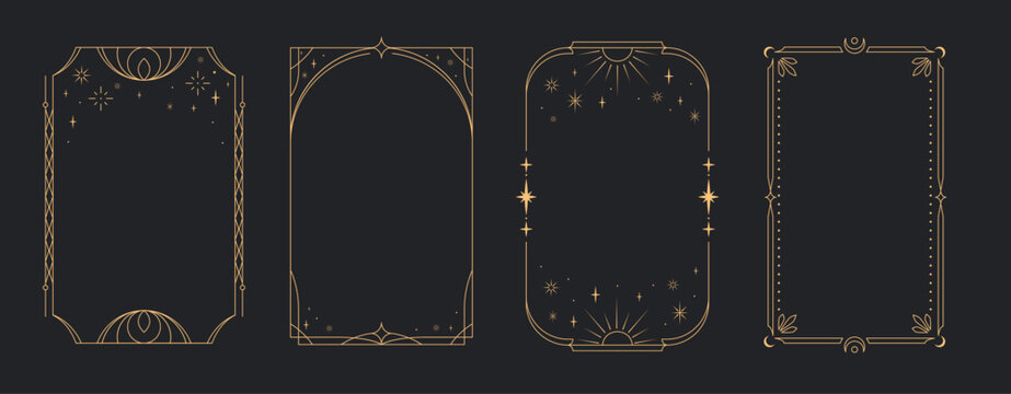 Naklejki A set of four elegant art deco golden frames with celestial and floral and esoteric motifs with moon, sun, in thin line style, displayed on a dark background. Vector illustration
