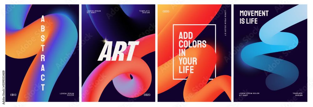 Poster colorful abstract fluid shapes with gradient tones on dark backgrounds, featuring dynamic compositio