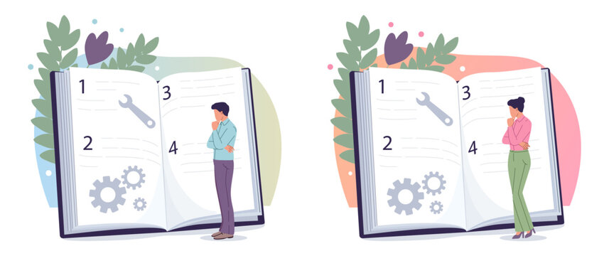 Illustrated man and woman standing near large open instruction book with numbered steps and mechanical icons, flat style isolated on white background. Concept of planning. Vector illustration