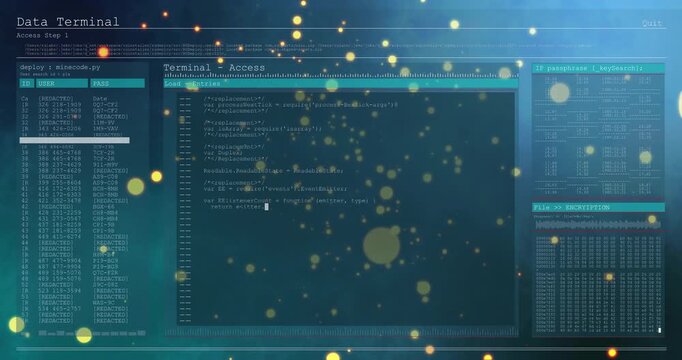 Data Terminal header fading panels sliding code loading data updating graph spiking for encryption