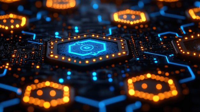 Futuristic Circuit Board:  Hexagonal Processors and Glowing Networks
