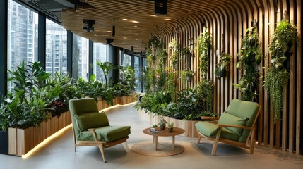 Obraz premium Greenery-lined slat wall creating biophilic design in the workspace