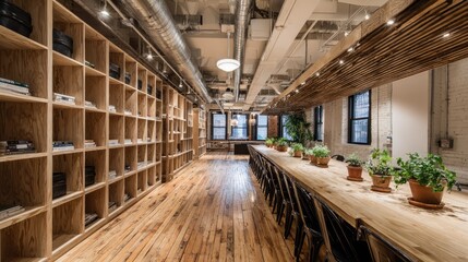 Fototapeta premium Long table with open shelf slat divider for shared office space