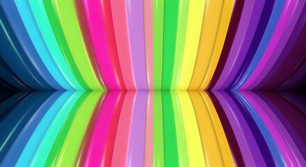 Vibrant, curved, vertical stripes of rainbow colors reflecting on a dark surface.