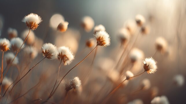 Fluffy white seedheads blowing in soft, golden light against blurred bokeh background