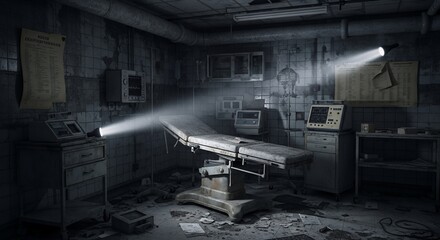 Abandoned Hospital Room Old Medical Equipment Dark Atmosphere Spooky Horror Setting