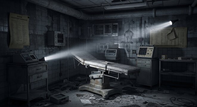 Abandoned Hospital Room Old Medical Equipment Dark Atmosphere Spooky Horror Setting