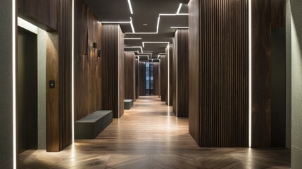 Office hallway framed with dark wood slats and indirect lighting