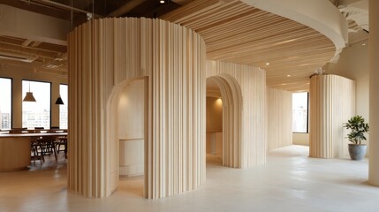 Office interior with vertical wooden slats used as a partition divider