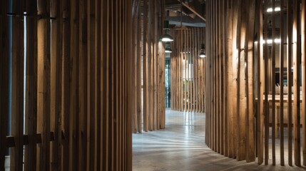 Office interior with vertical wooden slats used as a partition divider