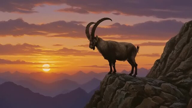 Majestic ibex on mountain peak at sunset