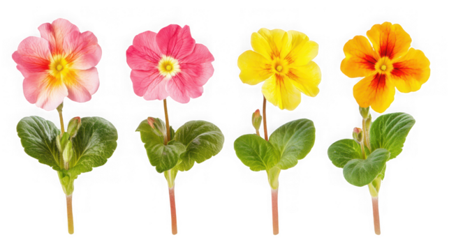 Four colorful primrose flowers with green leaves isolated on transparent background