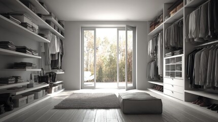 Fototapeta premium Open-plan room with matching built-in wardrobe and floating shelves unit