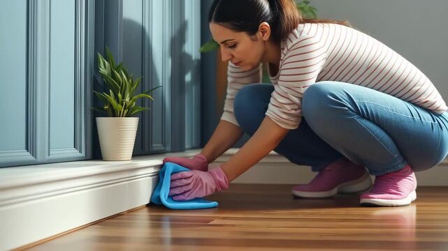Woman cleaning baseboard with blue cloth in home, house cleaning concept.