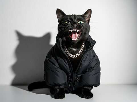 Urban cat in oversized silver chain and jacket baring teeth with diamonds, flash casts hard shadow