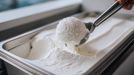 Scooper dipping into perfectly set coconut ice cream in a stainless container