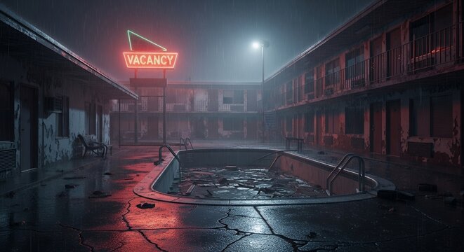 Abandoned Motel Pool at Night in the Rain - Powered by Adobe