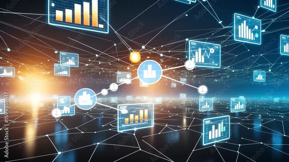 Aufkleber abstract technology network with data charts, digital business and financial analysis concept.