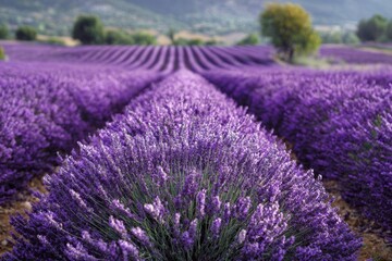 Obraz premium Vast lavender fields under blue sky in sunny countryside landscape