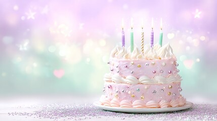 Pink Birthday Cake with Colorful Candles and Sparkling Decorations