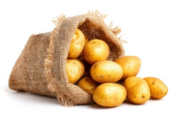 Fresh potatoes in burlap sack
