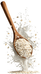 scoop of oatmeal, wooden spoon splashing isolated on a white background
