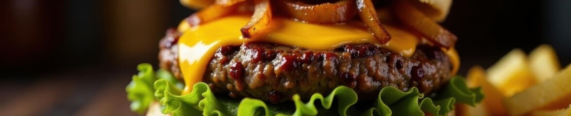 Close-up, sizzling beef burger with cheese & onions Dramatic lighting highlights textures , dinner, dark, texture