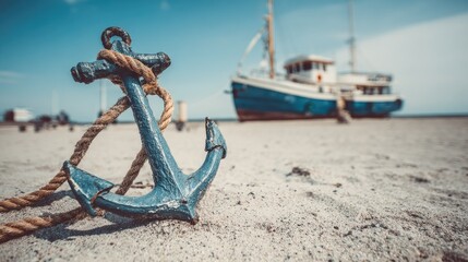 Aged anchor on a sandy beach with a blurred fishing boat in the background.