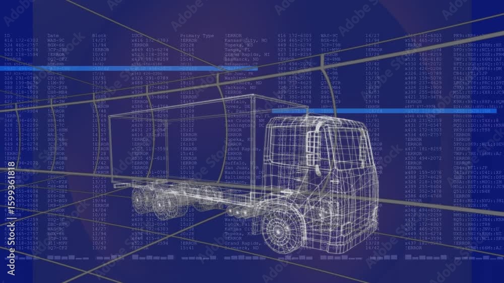 Aufkleber wireframe truck model pausing before data tables fading and starting scan bar sweeping diagnosing