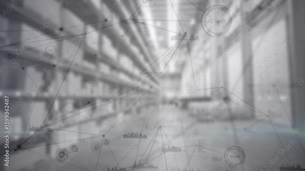 Poster digital nodes fading in data overlay flowing across warehouse aisle visualizing logistics data