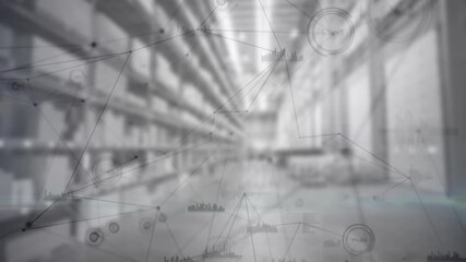 digital nodes fading in data overlay flowing across warehouse aisle visualizing logistics data - Powered by Adobe
