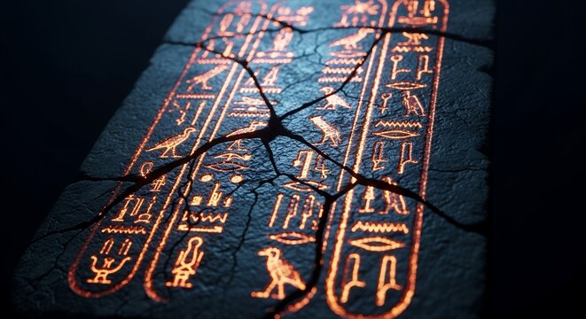 Ancient Cracked Stone Tablet with Hieroglyphs