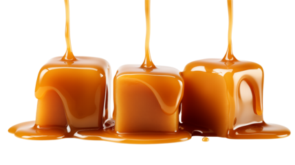 Caramel candies with flowing syrup, sweet treat for dessert or indulgent snack delight