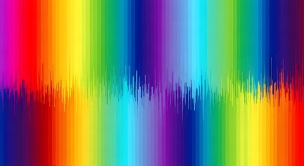 A vibrant and colorful abstract image featuring vertical bands of rainbow hues, with a central jagged line.